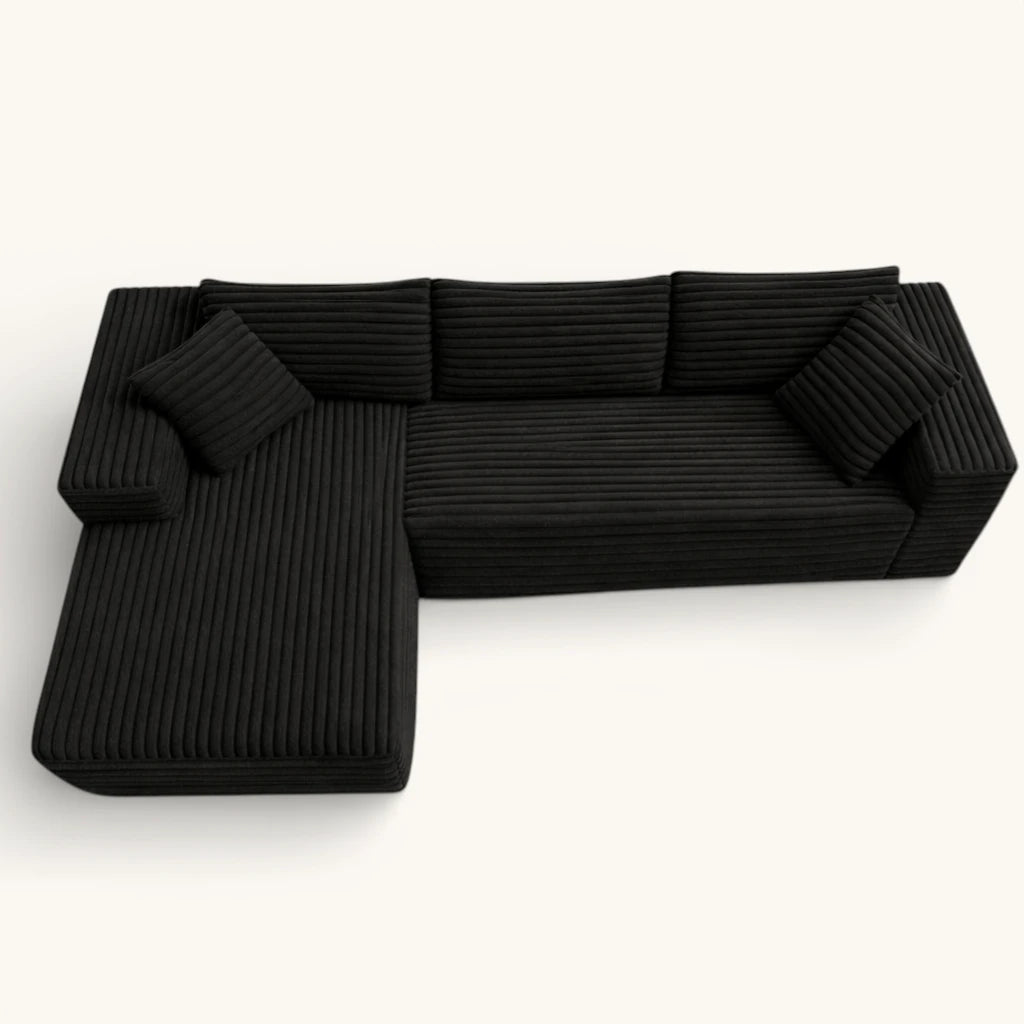 Canapé d'angle Velours Côtelé - Noir - Loungi Home