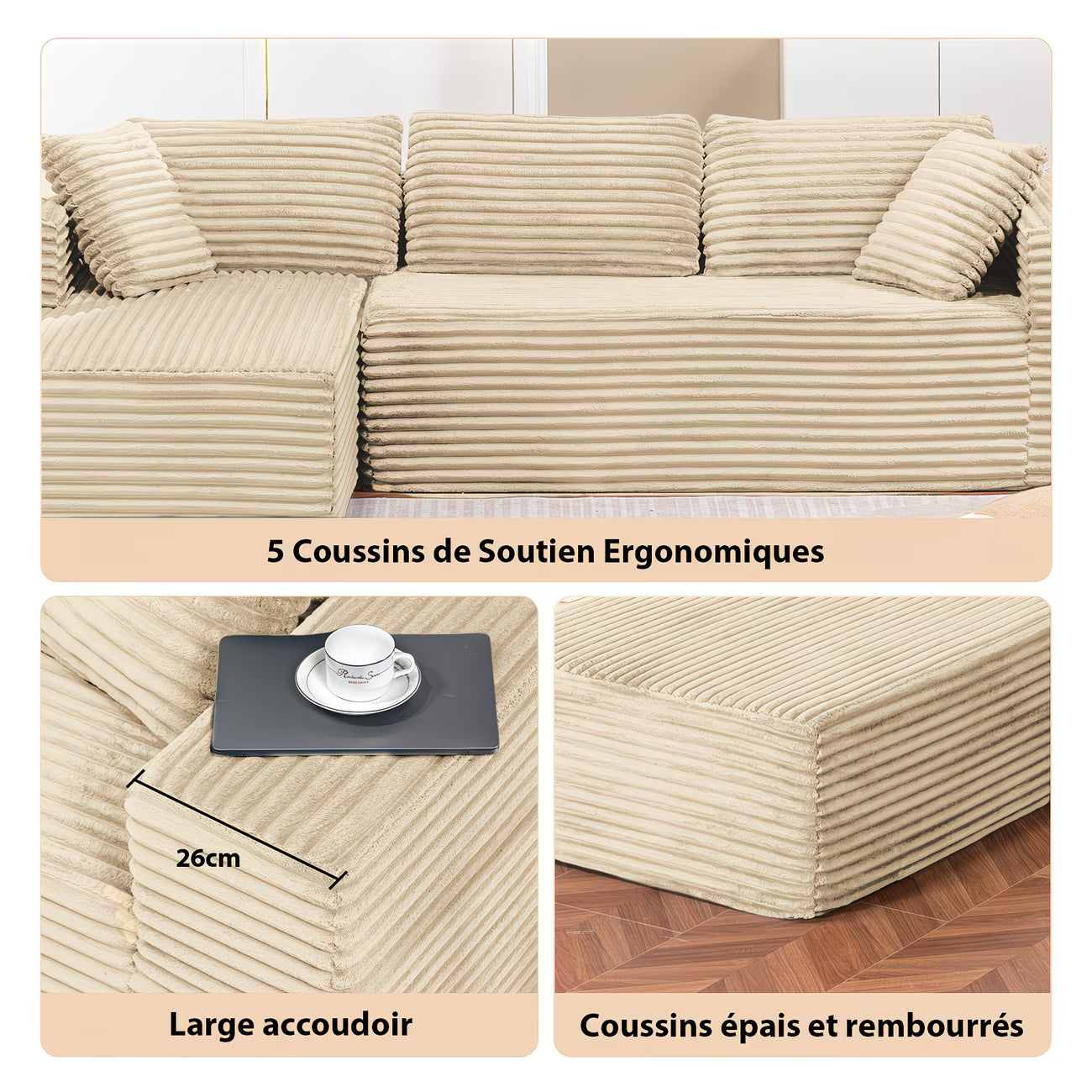 Canapé d'angle Velours Côtelé - Beige - Loungi Home