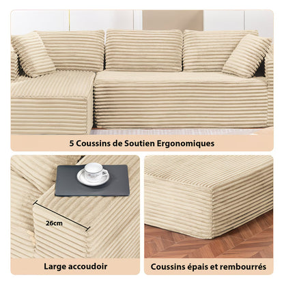 Canapé d'angle Velours Côtelé - Beige - Loungi Home