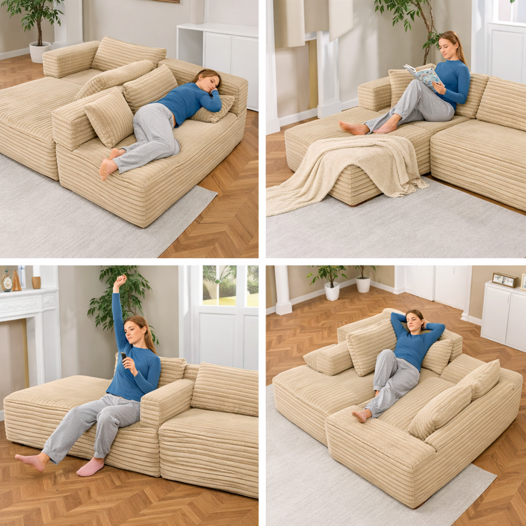 Canapé d'angle Velours Côtelé - Beige - Loungi Home