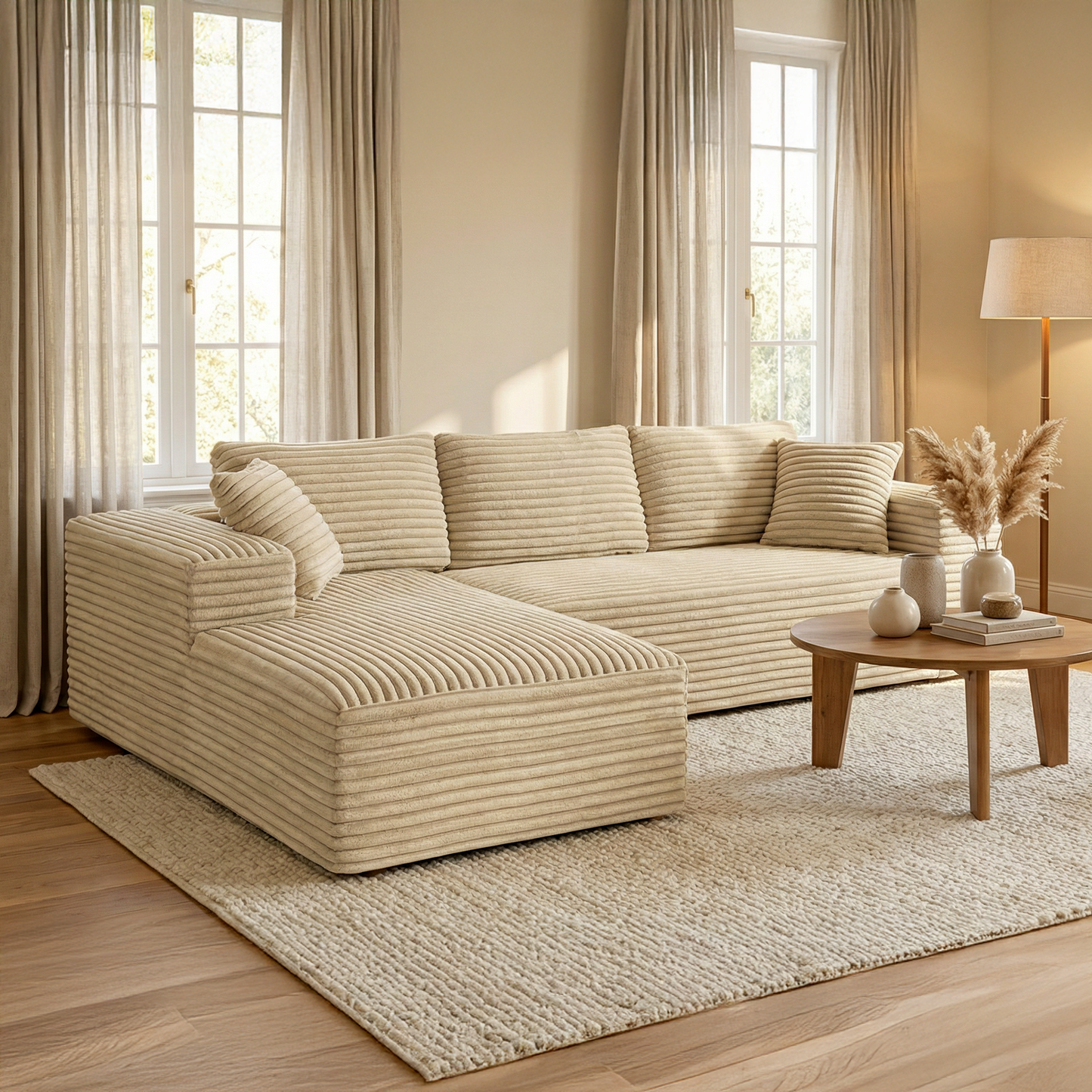 Canapé d'angle Velours Côtelé - Beige - Loungi Home