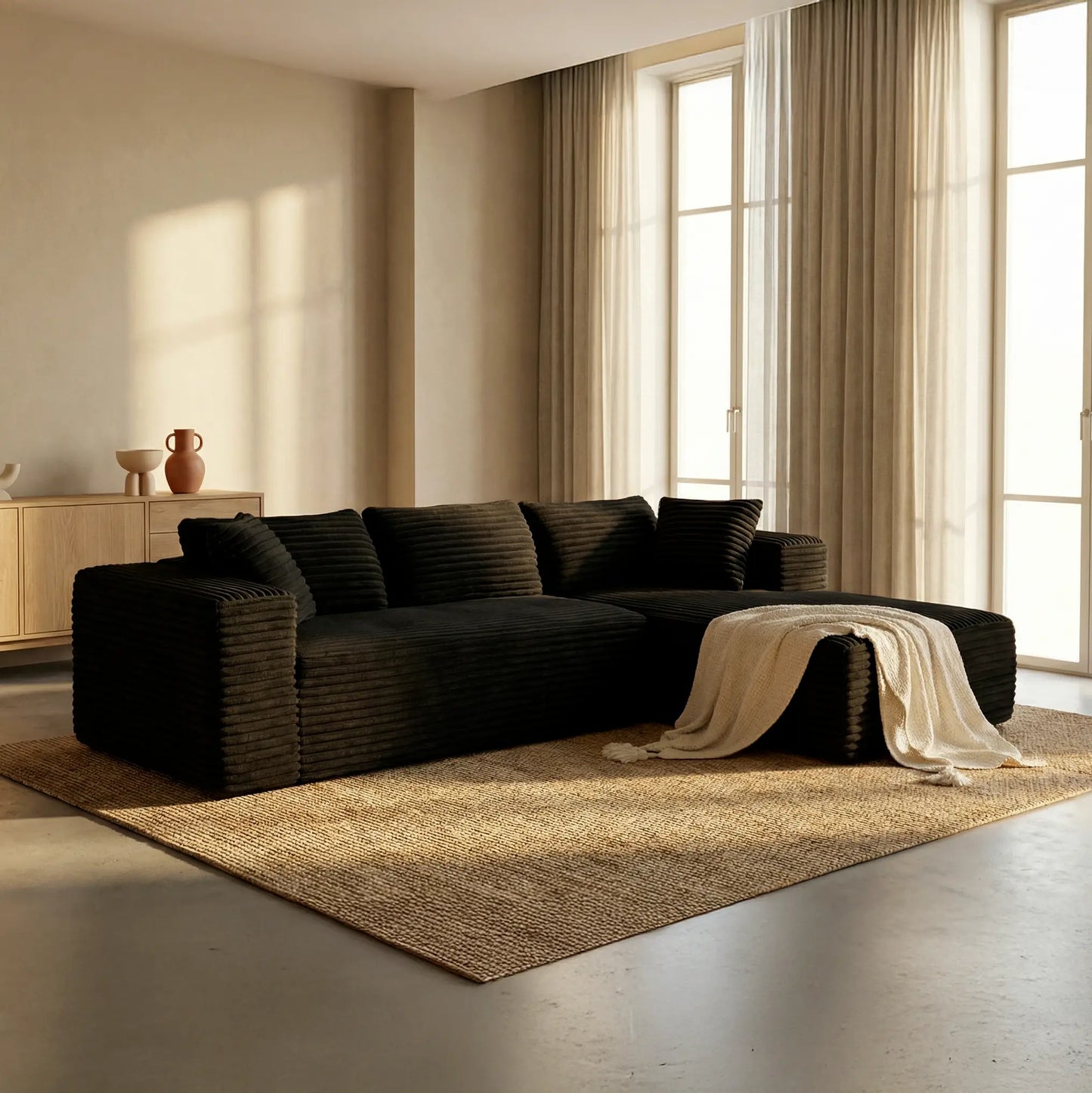 Canapé d'angle Velours Côtelé - Noir - Loungi Home