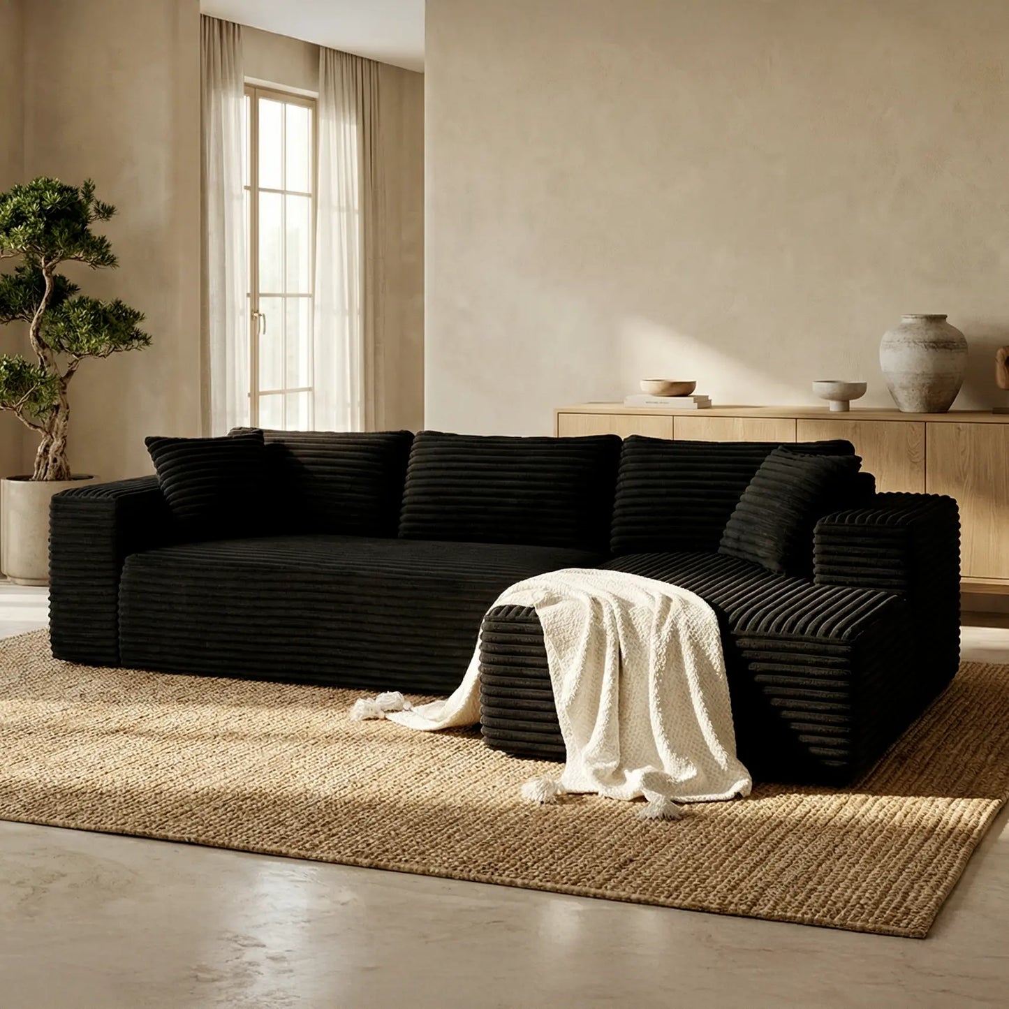 Canapé d'angle Velours Côtelé - Noir - Loungi Home