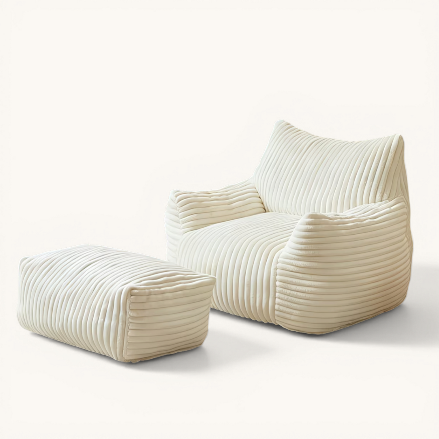 Fauteuil Cocon XL + Repose-pieds Velours Côtelé - Blanc