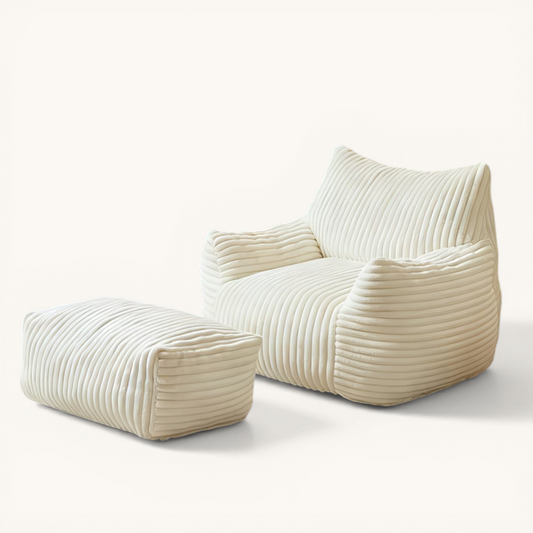 Fauteuil Cocon XL + Repose-pieds Velours Côtelé - Blanc