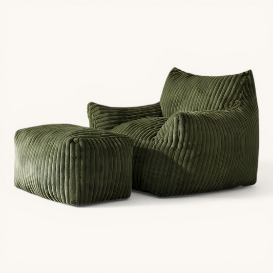 Fauteuil Cocon XL + Repose-pieds Velours Côtelé - Vert