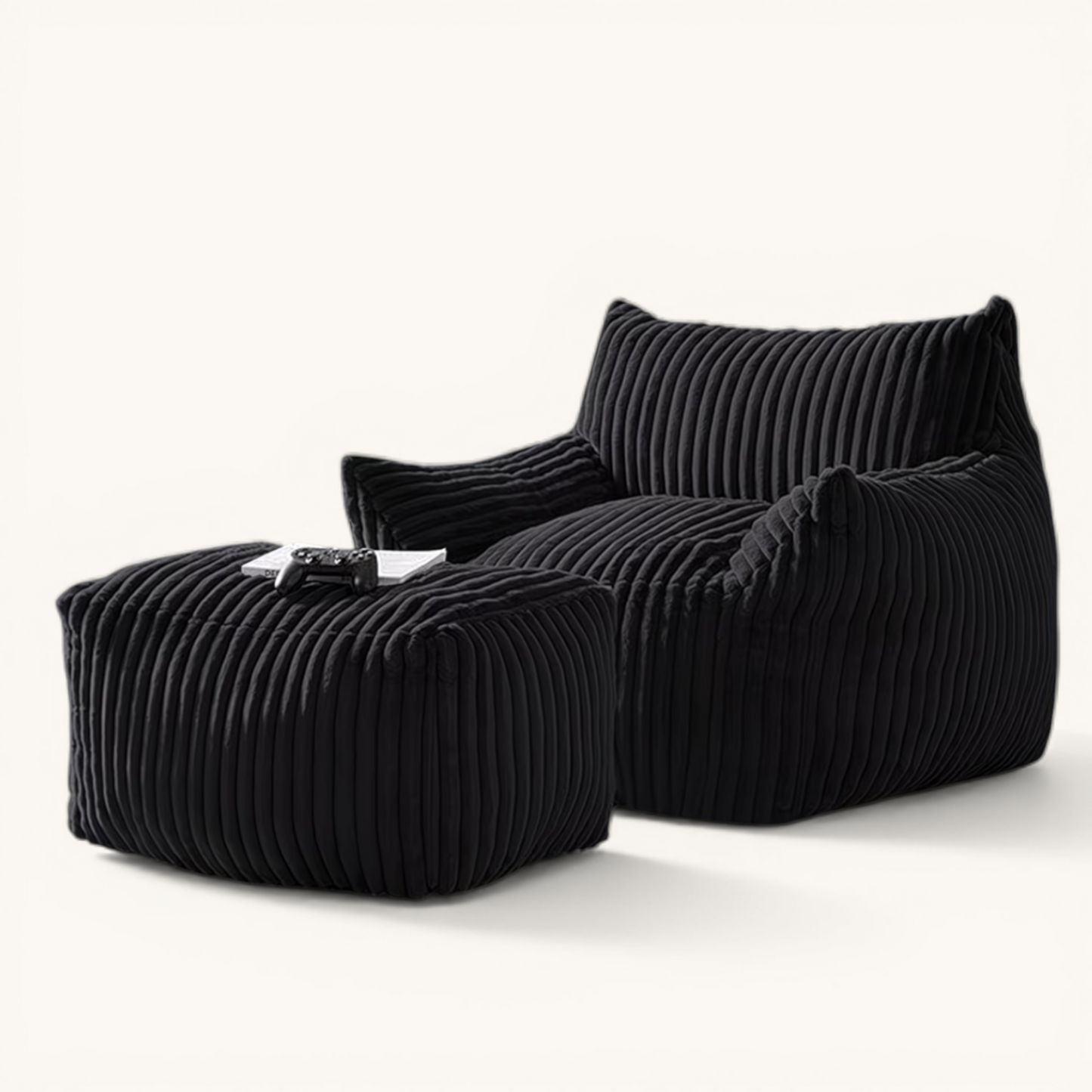Fauteuil Cocon XL + Repose-pieds Velours Côtelé - Noir