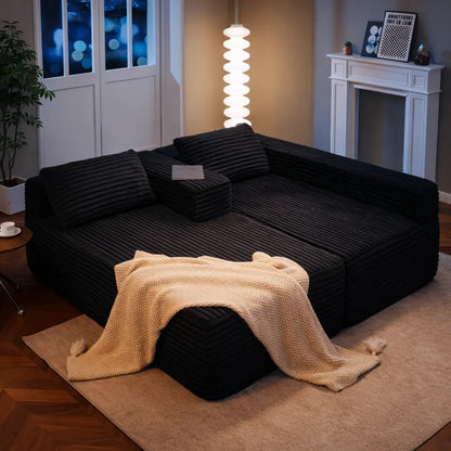 Canapé d'angle Velours Côtelé - Noir - Loungi Home