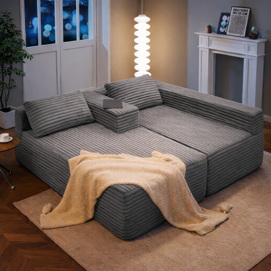 Canapé d'angle Velours Côtelé - Gris - Loungi Home