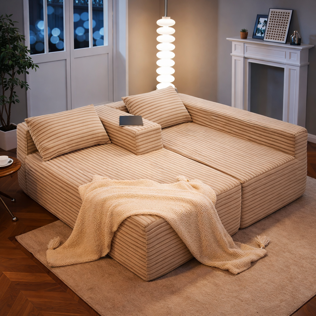 Canapé d'angle Velours Côtelé - Beige - Loungi Home