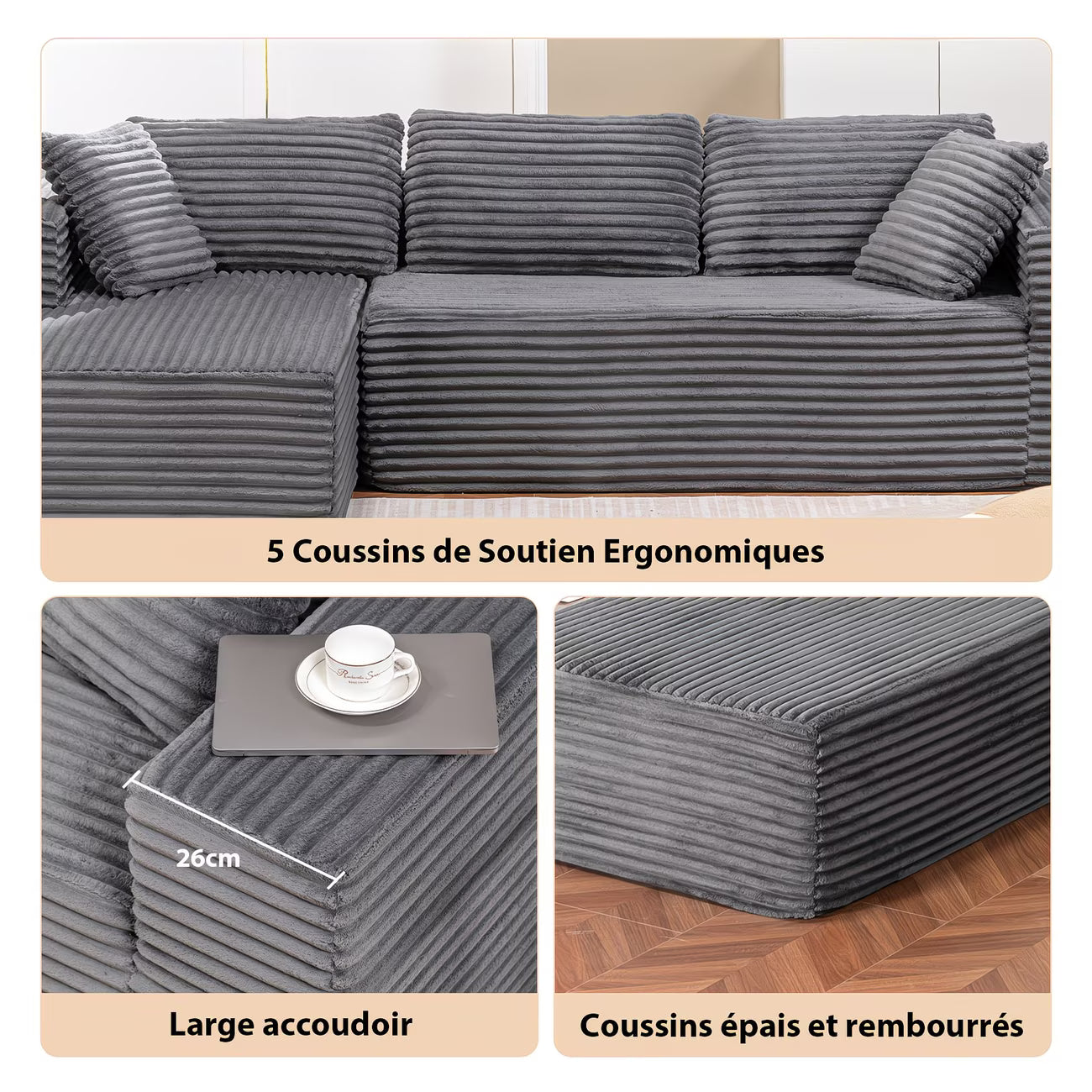 Canapé d'angle Velours Côtelé - Gris - Loungi Home