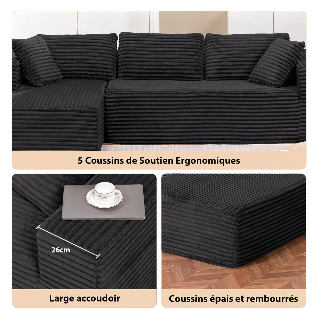 Canapé d'angle Velours Côtelé - Noir - Loungi Home