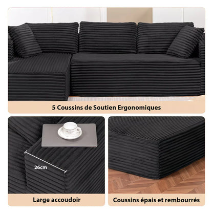 Canapé d'angle Velours Côtelé - Noir - Loungi Home