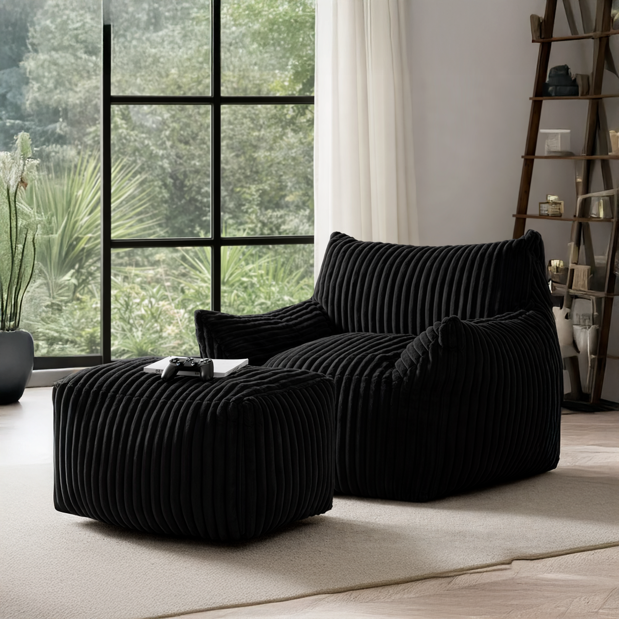 Fauteuil Cocon XL + Repose-pieds Velours Côtelé - Noir