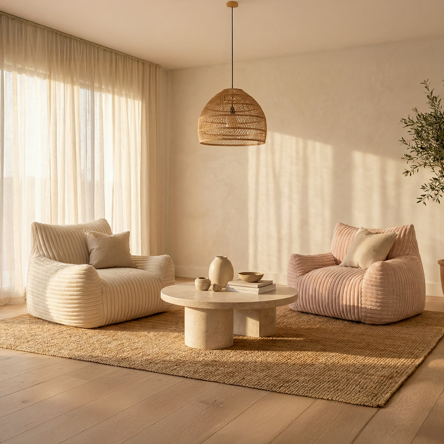 Fauteuil Cocon XL + Repose-pieds Velours Côtelé - Rose