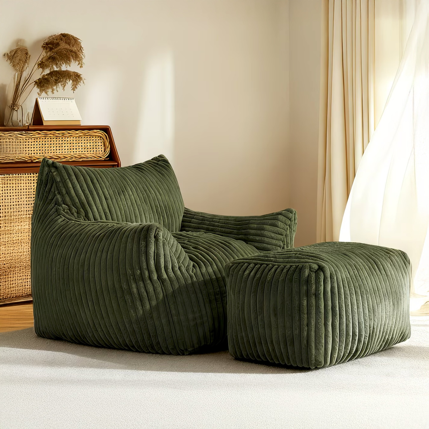 Fauteuil Cocon XL + Repose-pieds Velours Côtelé - Vert